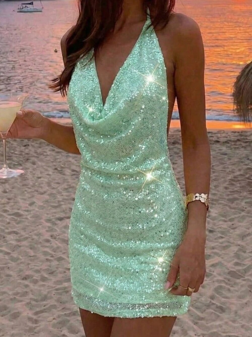 Green Party Women's Plunging Neck Sequin Sexy Halter Mini Dress